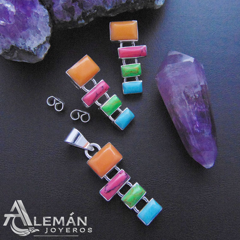 MWL 331-0122 Juego de Aretes y Dije de Plata Estilo Mosaico Rectangular Multicolor