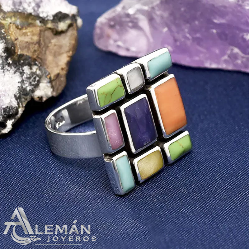 Anillo de plata esterlina 925 de diseño cuadrado con incrustaciones geométricas de piedras multicolor