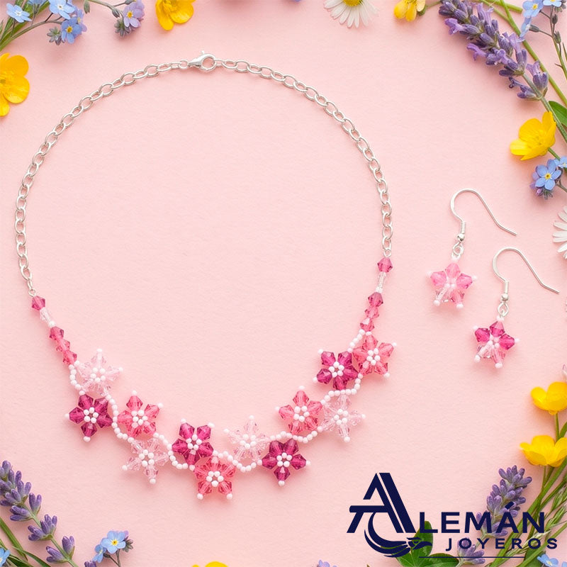 Collar y Aretes de Plata .925 con Cristal "Rositas" 331C010