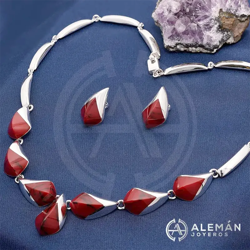 Collar y Aretes de Plata .925 "Gala Rojo" #331C049