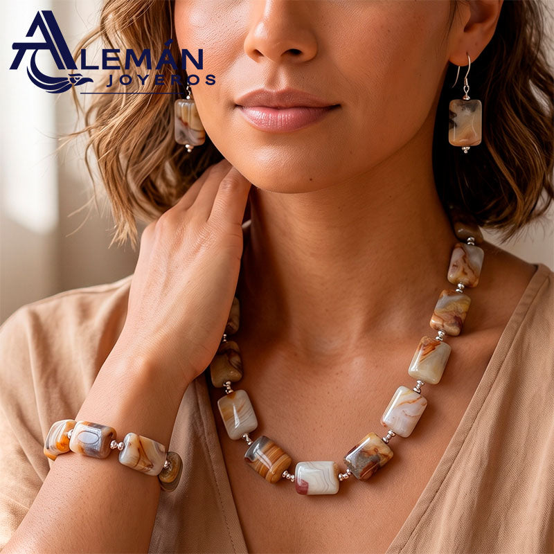 Collar, Pulsera y Aretes de Plata .925 "Jaspe" 331C072