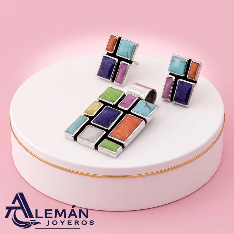 Juego de aretes y dije de plata .925 con piedras geométricas multicolores